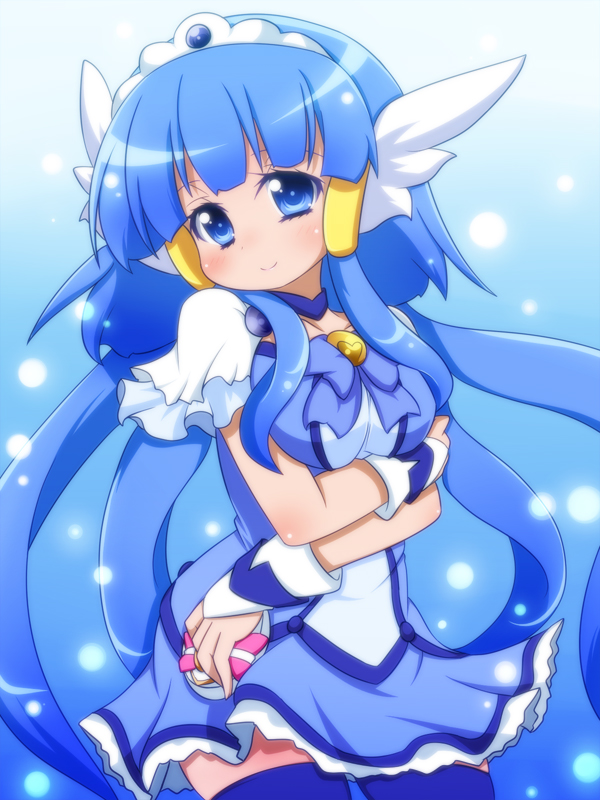 aoki_reika, blue, blue_background, blue_dress, blue_eyes, blue_hair, bow, breast_rest, breasts, choker, crossed_arms, cure_beauty, dress, hair_tubes, head_wings, long_hair, magical_girl, oborotsuki_kakeru, payot, payots, precure, ribbon, smile_precure!, solo, tiara