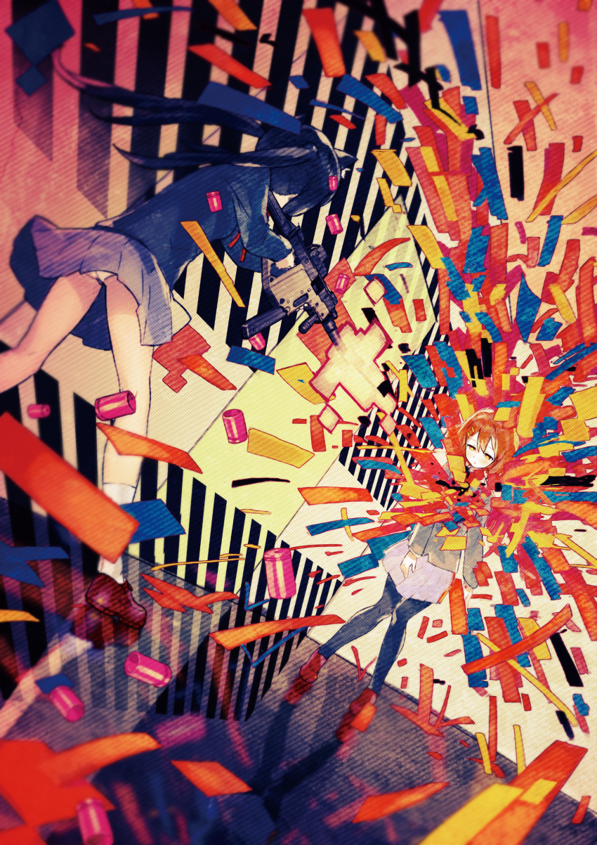 absurdres, animal_ears, asgr, bad_id, black_hair, black_legwear, blazer, brown_eyes, brown_hair, bullet, casing_ejection, cat_ears, dutch_angle, fake_animal_ears, firing, floor, gun, hair_ornament, hairband, hairclip, highres, hirasawa_yui, k-on!, kneehighs, loafers, long_hair, multiple_girls, nakano_azusa, open_mouth, panties, pantyhose, red_ribbon, reflection, ribbon, school_uniform, shell_casing, shoes, short_hair, skirt, standing, submachine_gun, surreal, tdi_vector, twintails, underwear, wall, weapon, white_legwear, white_panties
