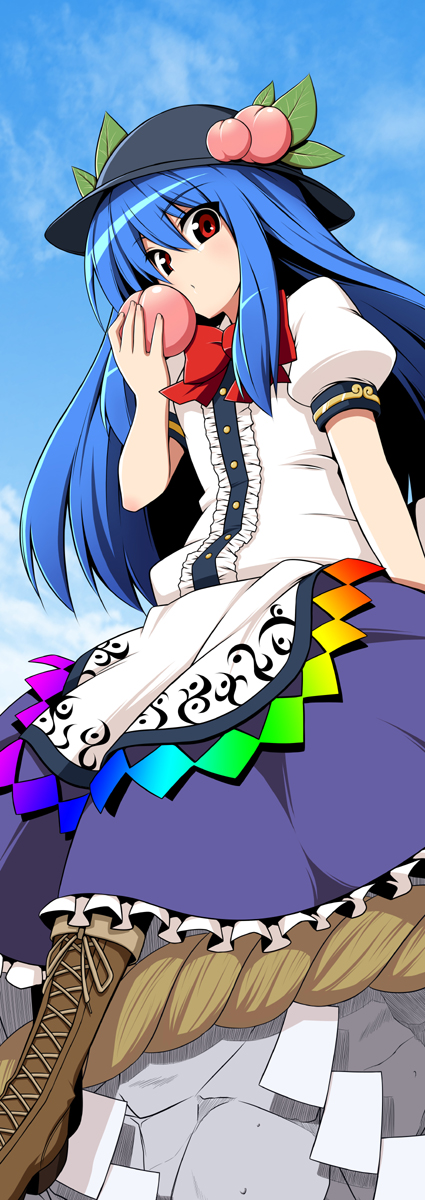 blue_hair, boots, bowtie, cross-laced_footwear, eating, food, from_below, fruit