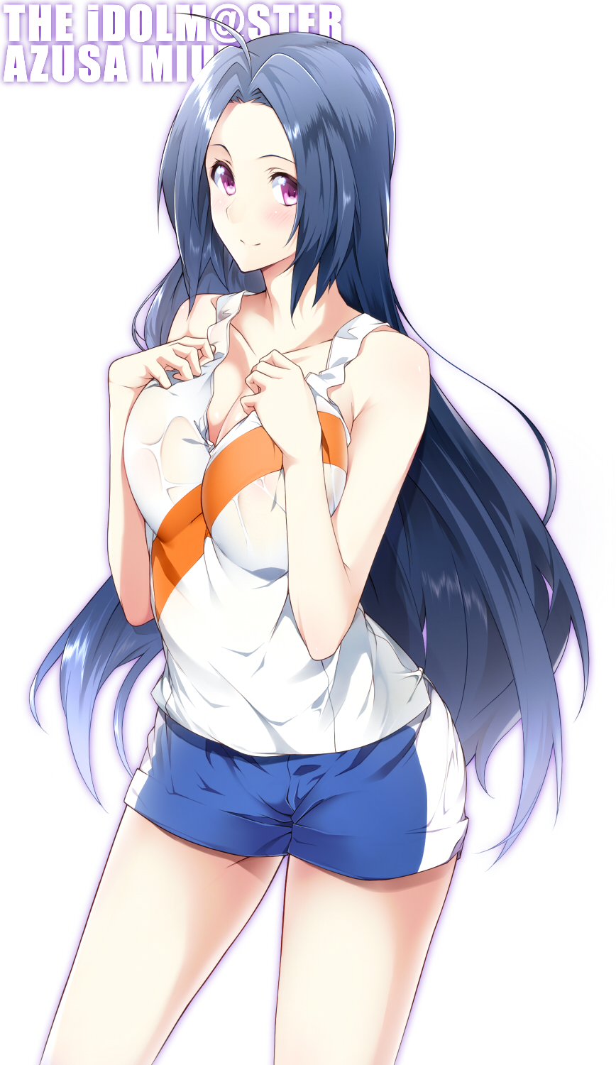 bare_shoulders, blue_hair, blush, breasts, cleavage, collarbone, highres, idolmaster