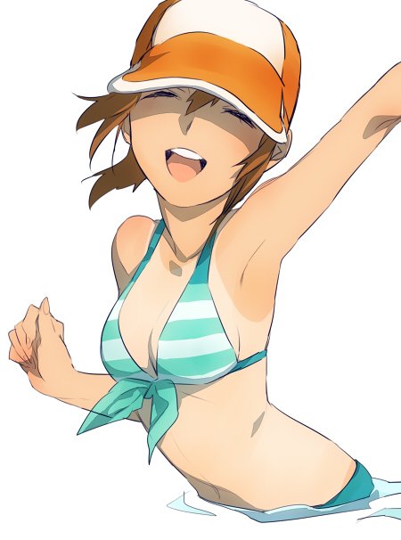 baseball_cap, bikini, brown_hair, closed_eyes, eyes_closed, front-tie_top, hat, leia_roland, maruishi, open_mouth, partially_submerged, smile, solo, striped, swimsuit, tales_of_(series), tales_of_xillia, tan, tanline, water