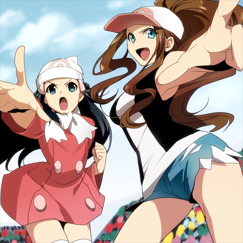 >:), >:d, >:o, :d, alternate_costume, baseball_cap, beanie, black_hair, blue_eyes, brown_hair, cap, denim, denim_shorts, hat, hikari_(pokemon), hikari_(pokemon)_(remake), hirococo, hirococo_(hakka), lowres, multiple_girls, open_mouth, pointing, pokemon, pokemon_(game), pokemon_black_and_white, pokemon_bw, pokemon_diamond_and_peal, pokemon_dppt, pokemon_platinum, ponytail, shorts, smile, thigh-highs, thighhighs, touko_(pokemon), vest, winter_clothes