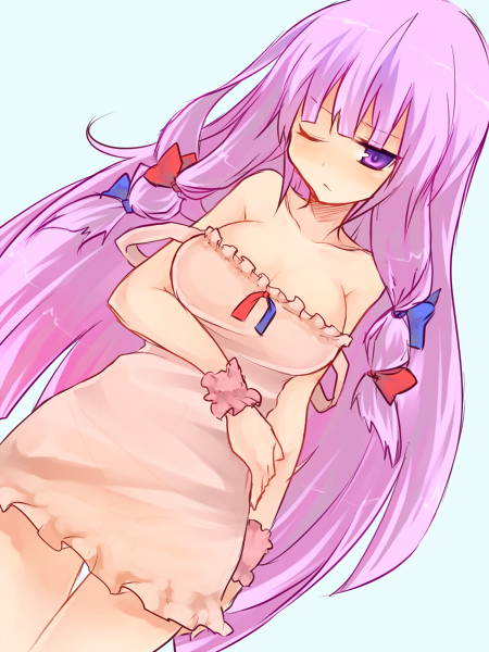 blush, bow, breasts, camisole, cleavage, hair_bow, long_hair, oshiruko_(tsume), patchouli_knowledge, purple_eyes, purple_hair, simple_background, solo, strap_slip, touhou, tsume_(artist), violet_eyes, wink, wrist_cuffs