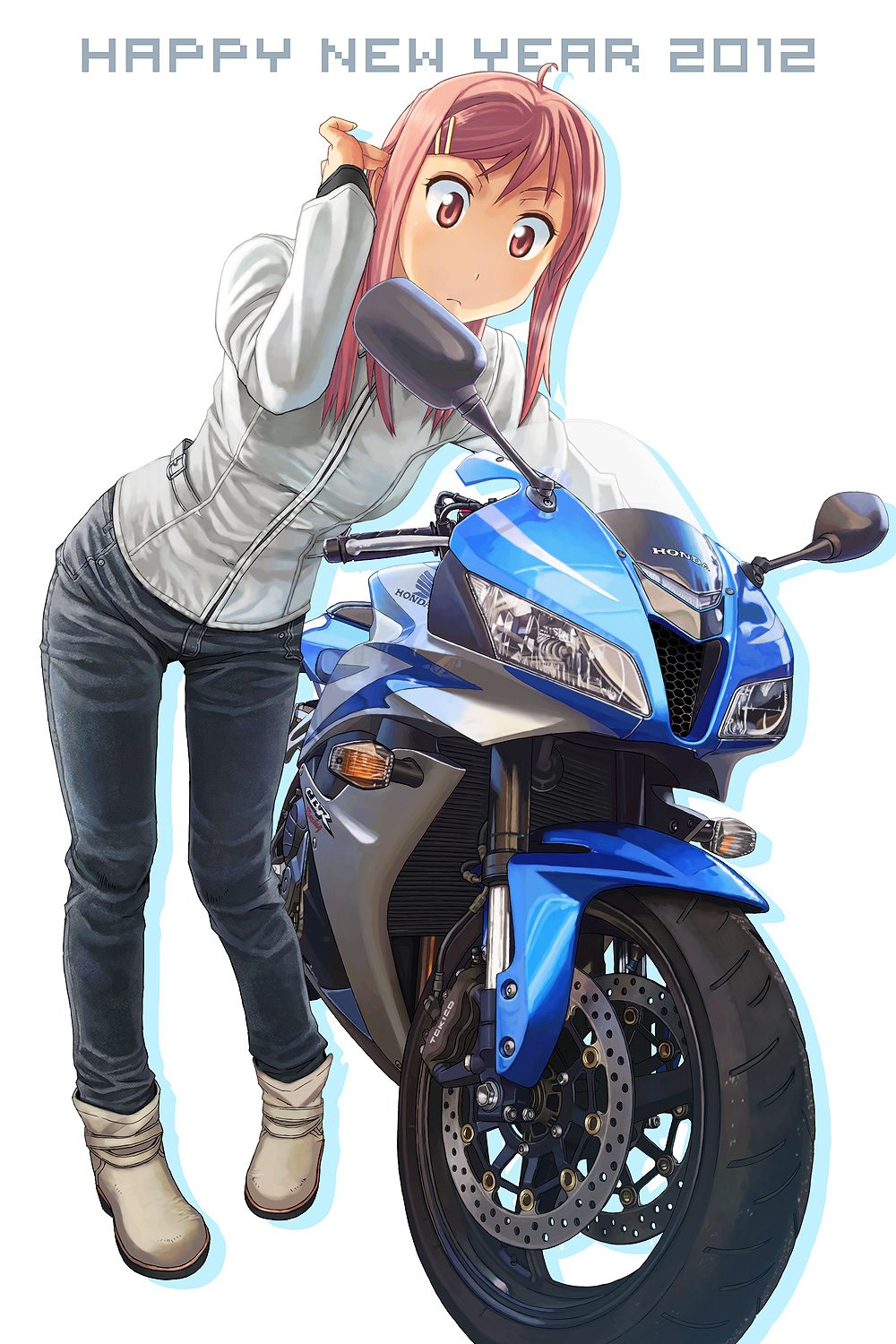 2012, adjusting_hair, ahoge, boots, denim, hair_ornament, hairclip, happy_new_year, highres, honda, itou_(onsoku_tassha), jacket, jeans, motor_vehicle, motorcycle, new_year, original, pigeon-toed, pink_eyes, pink_hair, solo, vehicle