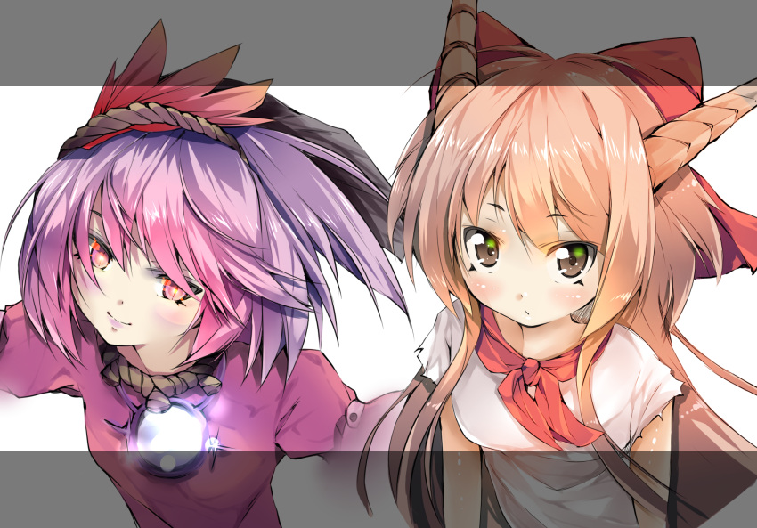 brown_eyes, horns, ibuki_suika, orange_hair, shikinyan, touhou, violet_eyes, violet_hair