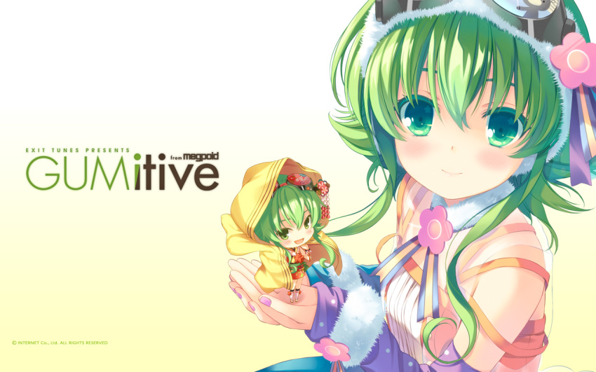 blush, coat, dual_persona, fur, goggles, green_hair, gumi, hood, looking_at_viewer, megpoid, minigirl, nail_polish, qp:flapper, smile, vocaloid, wallpaper