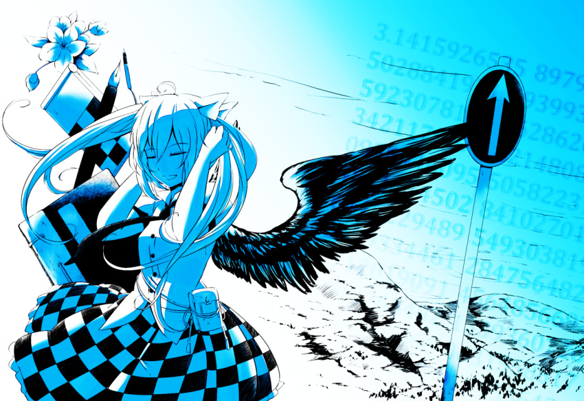 ahoge, bird_wings, black_wings, cellphone, flower, himekaidou_hatate, long_hair, necktie