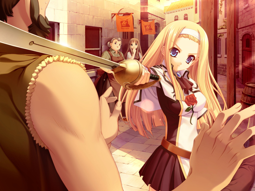 belt, blue_eyes, boku_no_te_no_naka_no_rakuen, dress, ellinor_besch, game_cg, headband, kurosaki
