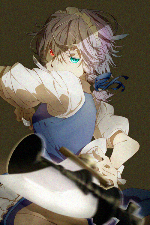 1girl, apron, arm_behind_back, bad_id, between_fingers, blue_eyes, braid, chess_piece