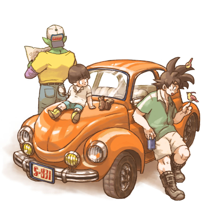 bird, black_hair, dragon_ball, dragon_ball_z, dragonball_z, green_skin, hat, makumaku, multiple_boys, piccolo, pointy_ears, son_gohan, son_gokuu, squirrel, volkswagen, volkswagen_beetle