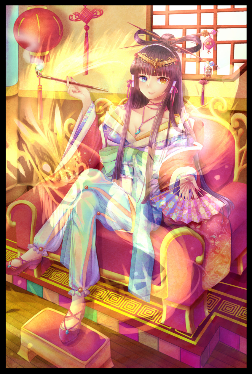 breasts, cleavage, crossed_legs, dragon, fan, footstool, hair_rings, hair_stick, heterochromia, hibaarborvitae, highres, jewelry, kiseru, long_hair, magatama, necklace, off_shoulder, original, pants, pendant, pipe, purple_hair, sash, shirt, sitting, smile, solo, throne, tiara, window