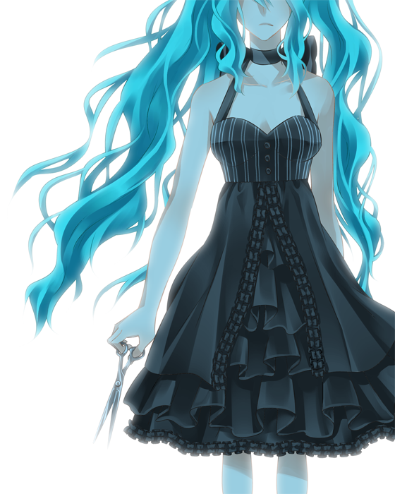aqua_hair, bare_shoulders, black_dress, blue_hair, choker, dress, frills, hatsune_miku, head_out_of_frame, long_hair, scissors, sleeveless, solo, touya_(artist), twintails, vocaloid