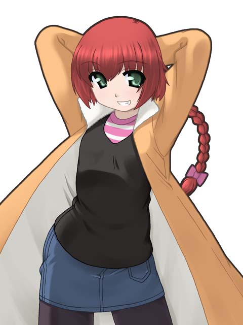 darker_than_black, green_eyes, grin, jacket, kou2, ooba_kou, pantyhose, red_hair