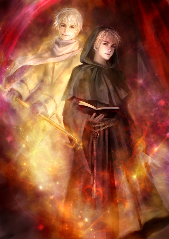 axis_powers_hetalia, blonde_hair, book, glowing, hood, lotus_(elico), lotus_(pixiv), magic