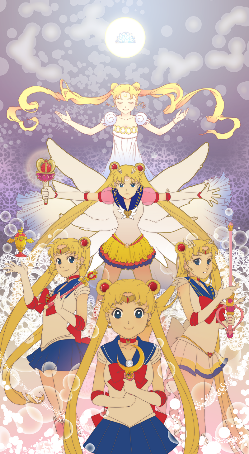 bishoujo_senshi_sailor_moon, blonde_hair, blue_eyes, boots, bow, breasts, choker, cleavage, double_bun, dress, elbow_gloves, gloves, hair_ornament, highres, jewelry, long_hair, magical_girl, moon, multiple_girls, multiple_persona, ribbon, sailor_moon, skimlines, super_sailor_moon, tiara, tsukino_usagi, twintails, wand, white_dress