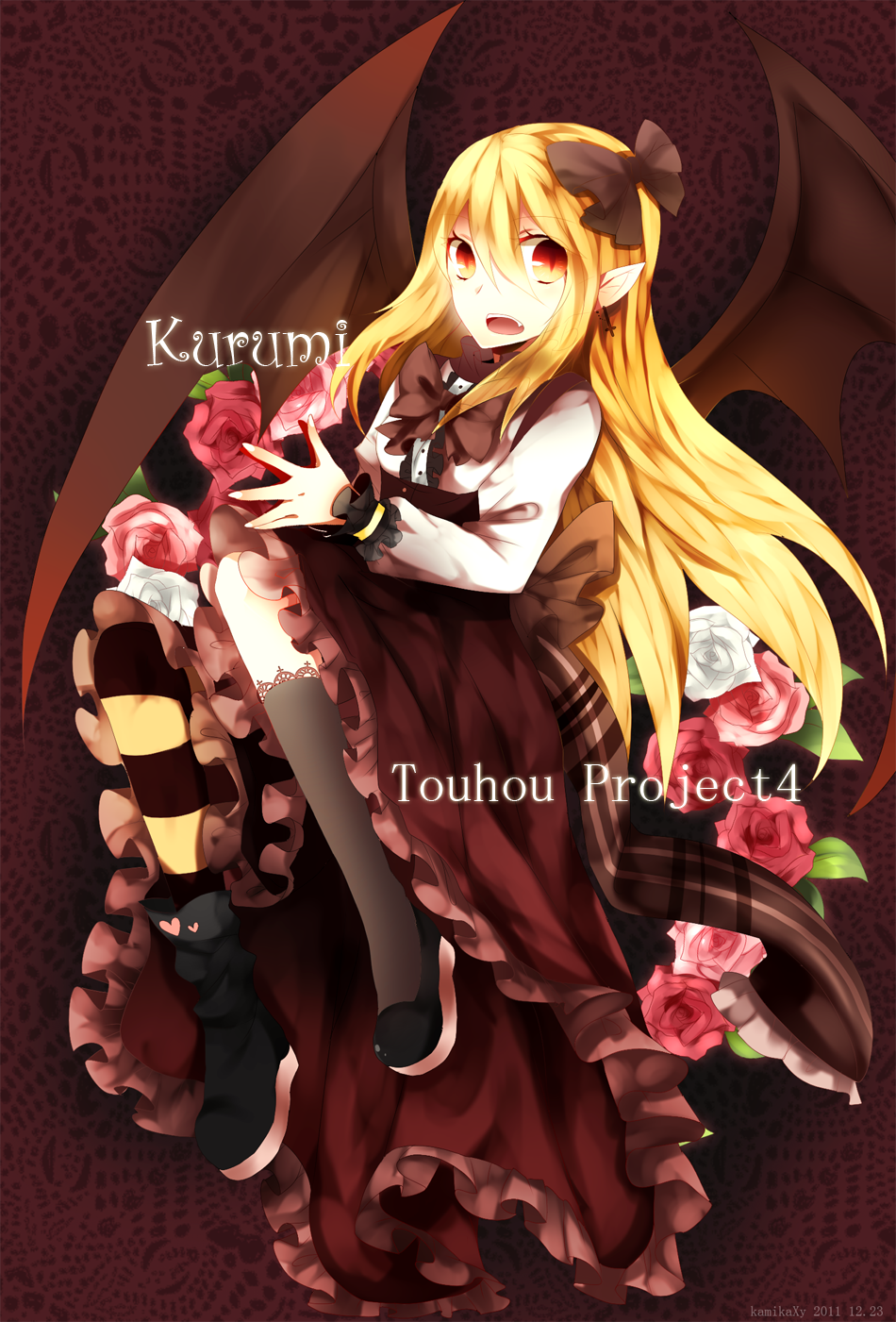 blonde_hair, brown_background, brown_dress, character_name, dated, doily, dress, flower, frilled_skirt, highres, kurumi_(touhou), long_skirt, mismatched_footwear, mismatched_legwear, orange_eyes, pantyhose, pink_rose, pointy_ears, red_rose, rose, shouen_kigashi, skirt, slit_pupils, solo, striped, striped_legwear, title_drop, touhou, touhou_(pc-98), white_rose