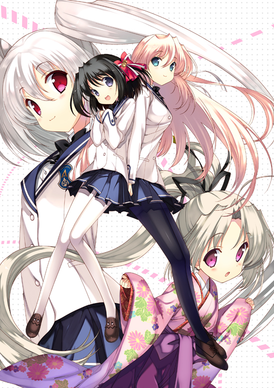 black_hair, black_legwear, blonde_hair, blush, character_request, ermalit_de_blanchefort, grey_hair, japanese_clothes