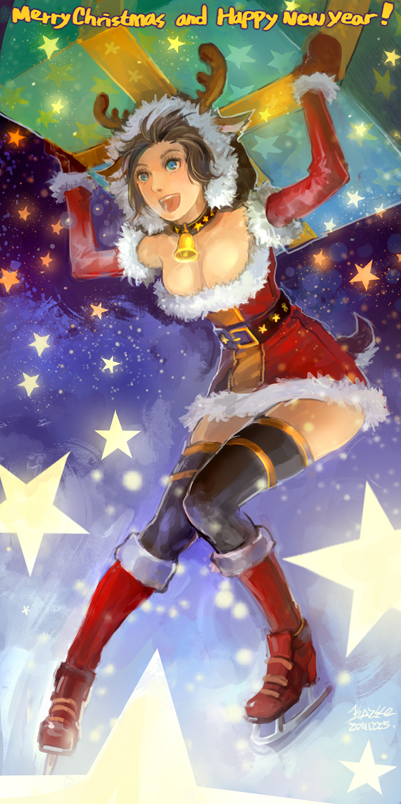 antlers, bell, blue_eyes, boots, breasts, brown_hair, christmas, cleavage