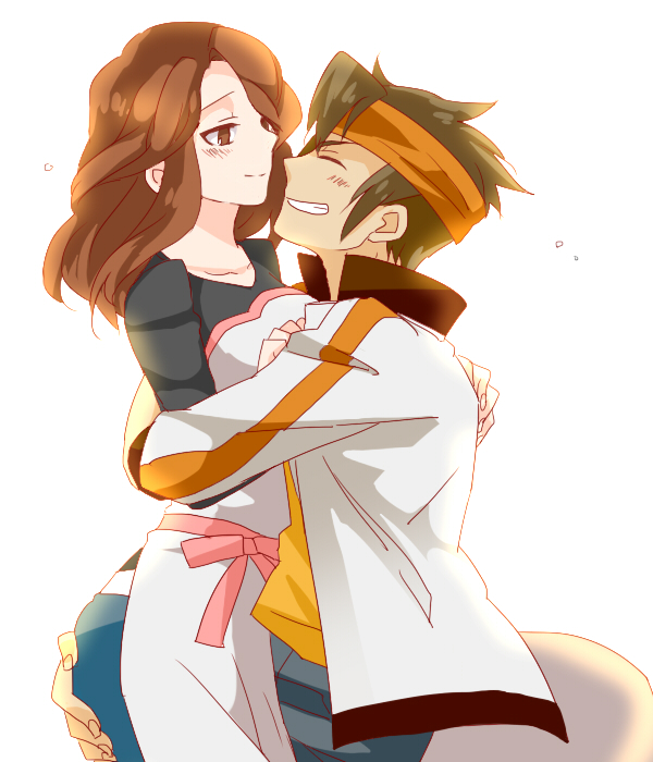 1girl, adult, brown_hair, couple, endou_mamoru, grin, hug, inazuma_eleven