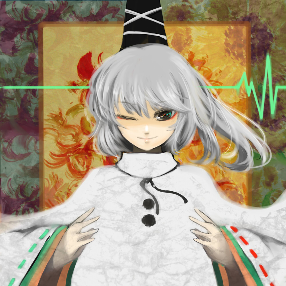 album_cover, bust, cover, ginji_(sakaki_summer), grey_hair, hat, japanese_clothes, kariginu