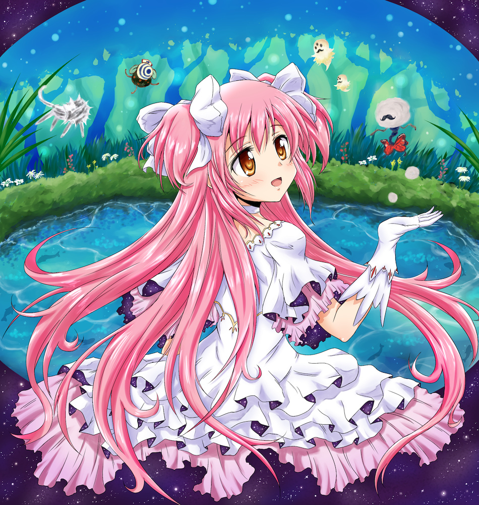 anthony_(madoka_magica), bad_hands, brown_eyes, character_request, choker, dress, fisheye, gloves
