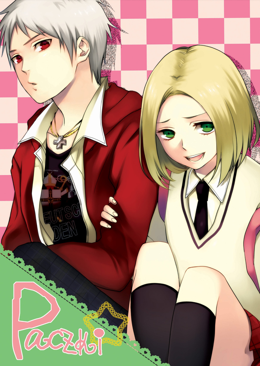 arm_grab, axis_powers_hetalia, blonde_hair, crossdressinging, green_eyes, highres, iron_cross, jewelry