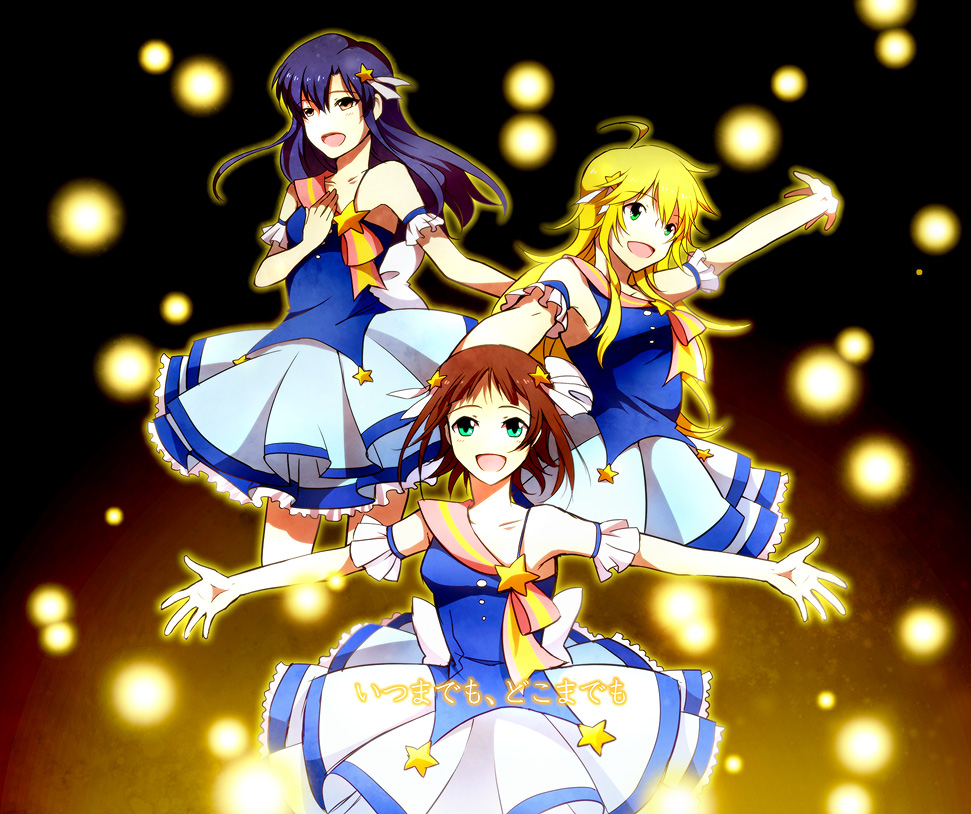 3girls, amami_haruka, blue_hair, brown_eyes, brown_hair, dress, green_eyes, hoshii_miki