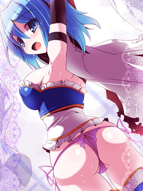 armband, armpits, arms_up, ass, blue_eyes, blue_hair, breasts, cape, hazumi_miruku, large_breasts, looking_back, magical_girl, mahou_shoujo_madoka_magica, miki_sayaka, open_mouth, panties, short_hair, side-tie_panties, solo, tears, thigh-highs, thighhighs, thong, underwear