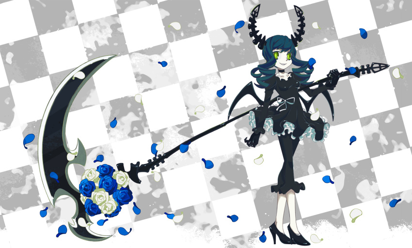 black_rock_shooter, checkered, checkered_background, choker, dead_master, flower, green_eyes, high_heels