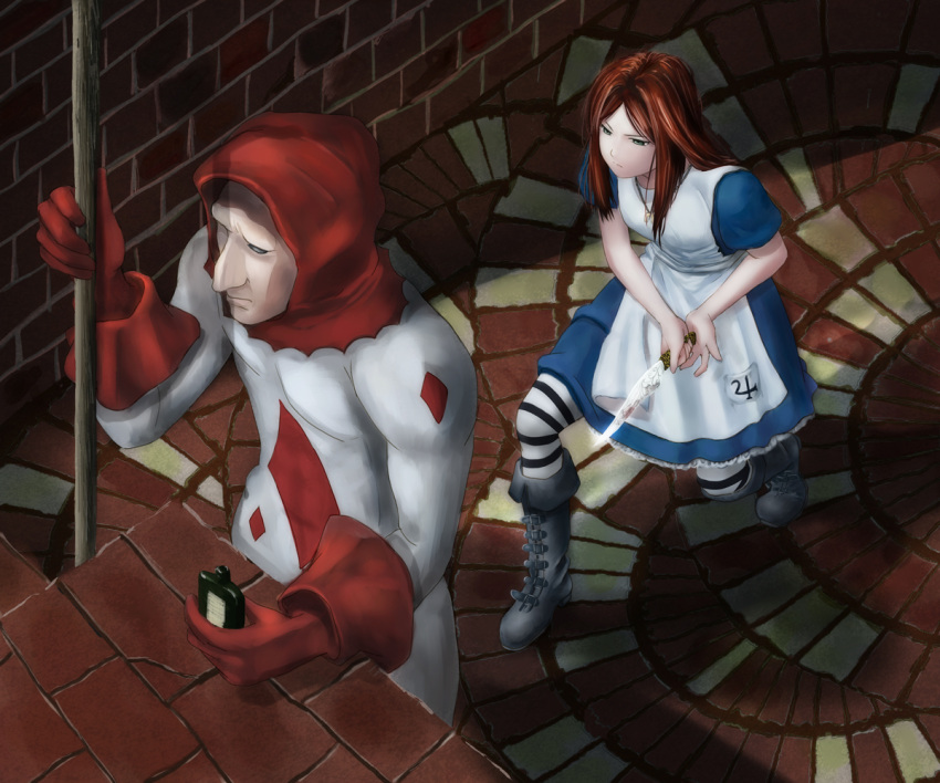 alcohol, alice:_madness_returns, alice_(wonderland), alice_in_wonderland, american_mcgee's_alice, blue_eyes, boots, dagger
