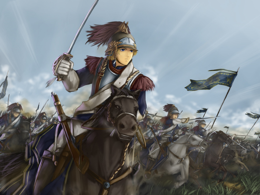 armor, army, blonde_hair, blue_eyes, breastplate, cavalry, flag, gun