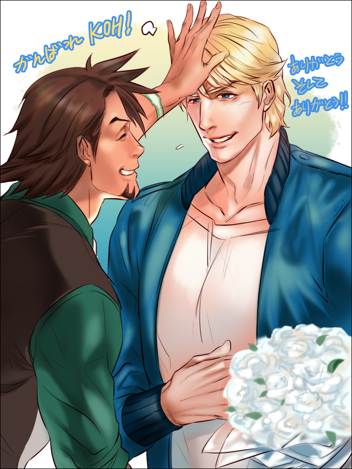 blonde_hair, blue_eyes, blue_jacket, bomber_jacket, bouquet, brown_eyes, brown_hair, cross_(togano)