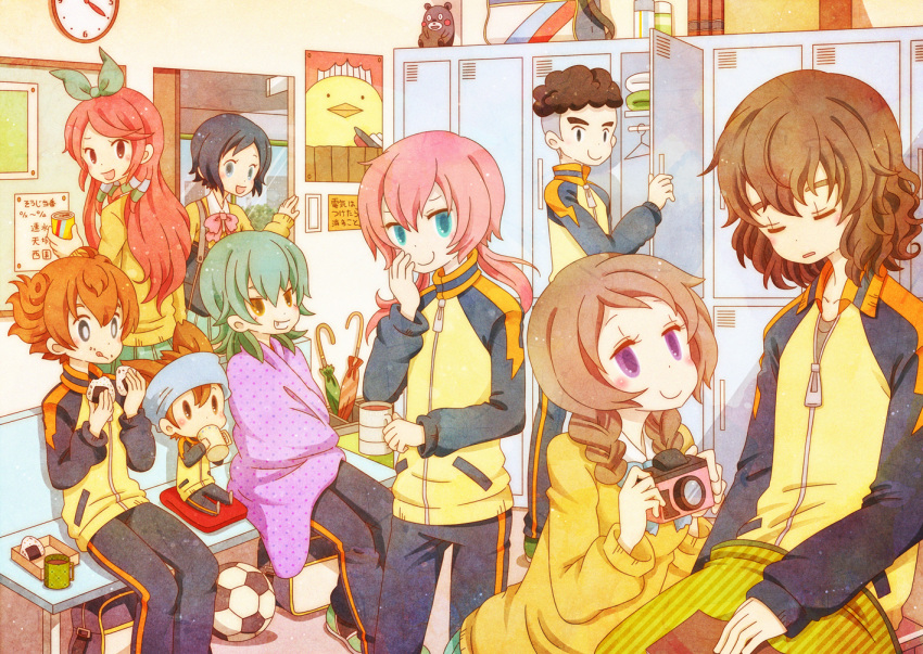3girls, 5boys, bag, ball, blanket, blue_eyes, blue_hair, blush