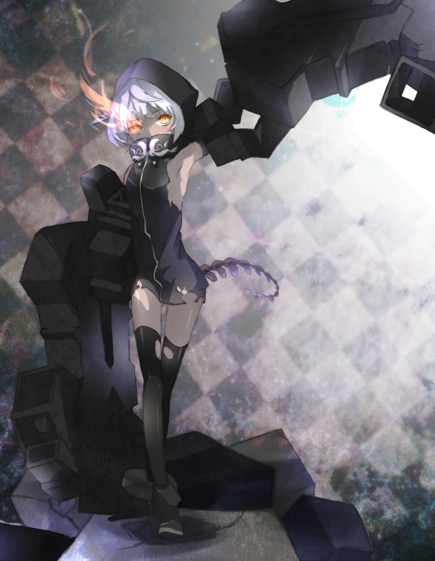 armpits, black_rock_shooter, fire, highres, hoodie, mechanical_arms, orange_eyes, short_hair