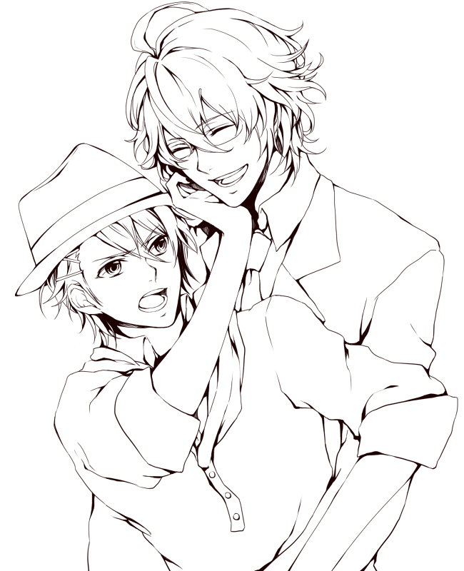 annoyed, gamu, hat, hug, hug_from_behind, kurusu_shou, monochrome, multiple_boys