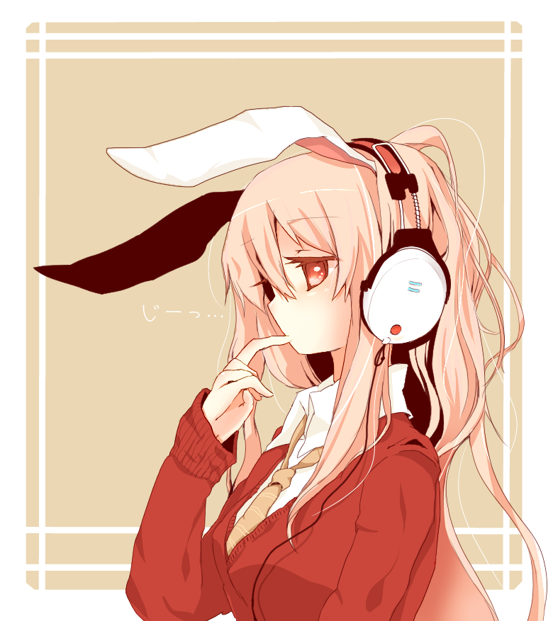 animal_ears, azuma_seiji, bunny_ears, colored, contemporary, finger_to_mouth, headphones, kaminarigumo