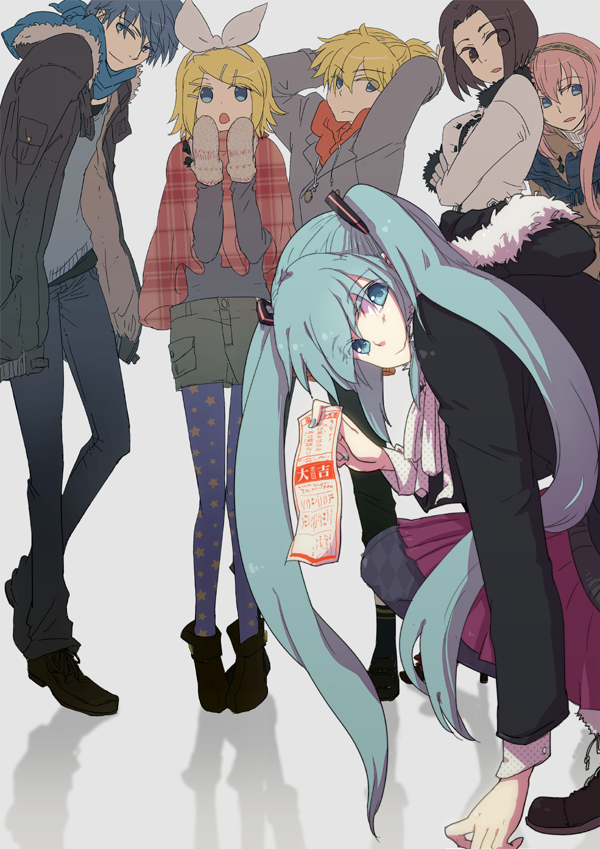 4girls, coat, hair_ornament, hair_ribbon, hairclip, hatsune_miku, kagamine_len, kagamine_rin, kaito, long_hair, matsu_(nia), megurine_luka, meiko, mittens, multiple_boys, multiple_girls, pantyhose, ribbon, shorts, smile, twintails, very_long_hair, vocaloid, wink