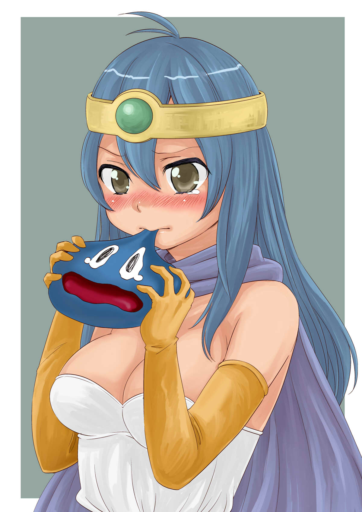 ahoge, blue_hair, blush, breasts, brown_eyes, bust, cape, circlet