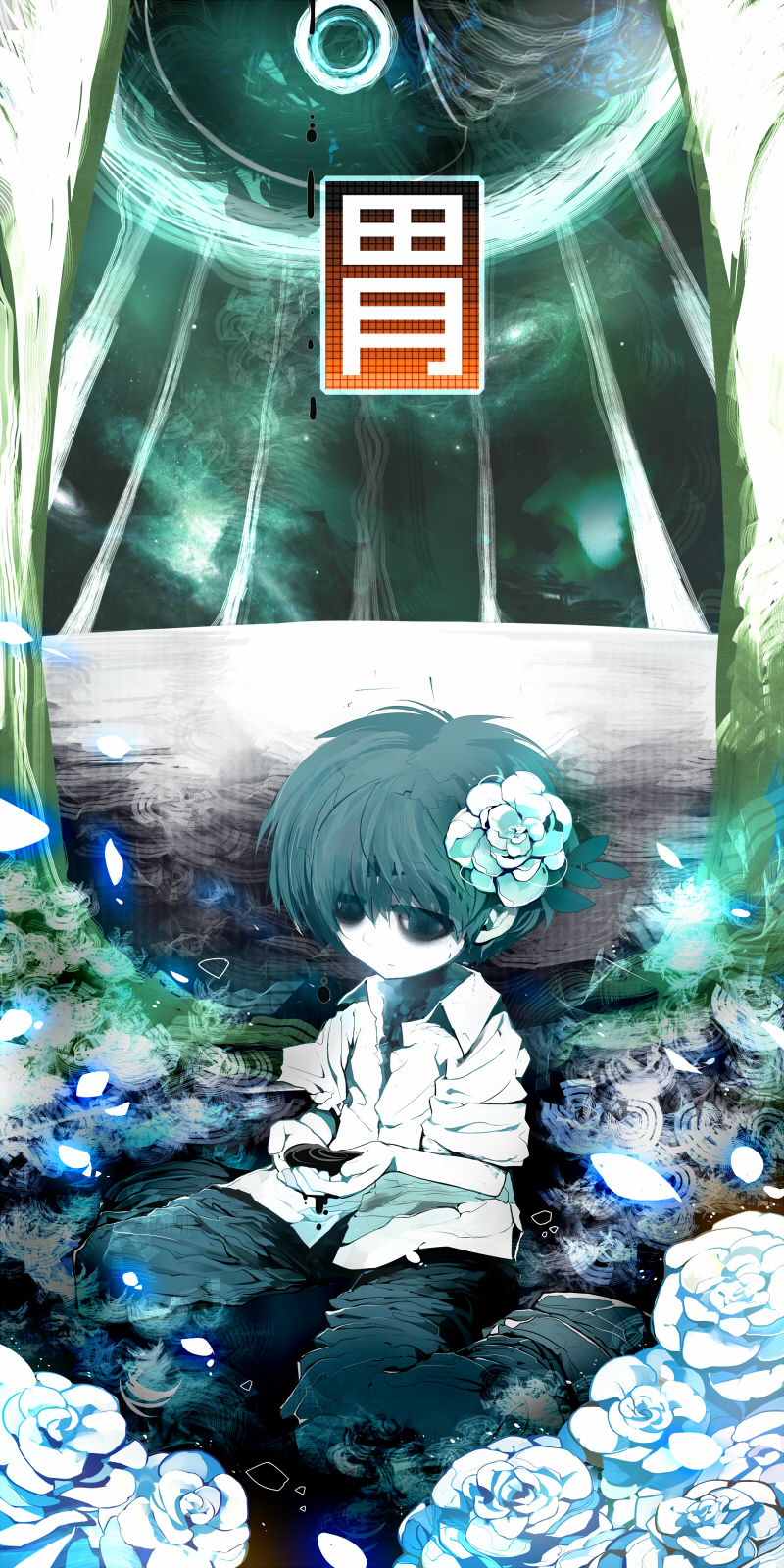 1boy, bags_under_eyes, flower, hand_scoop, highres, kanji, leaf, mononoke_(empty), original, partially_submerged, petals, shirt, short_hair, sitting, solo, translated, wariza, water