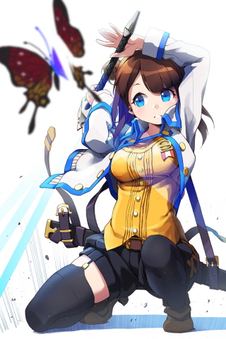 black_legwear, blue_eyes, blurry, brown_hair, butterfly, cygnus, depth_of_field, double_bun