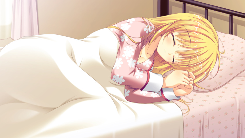 bed, blonde_hair, game_cg, kazamatsuri_mana, manatsu_no_yoru_no_yuki_monogatari, mikeou, sleeping