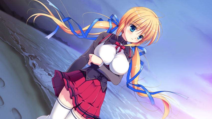 beach, blonde_hair, blue_eyes, game_cg, kazamatsuri_mana, manatsu_no_yoru_no_yuki_monogatari, mikeou, seifuku