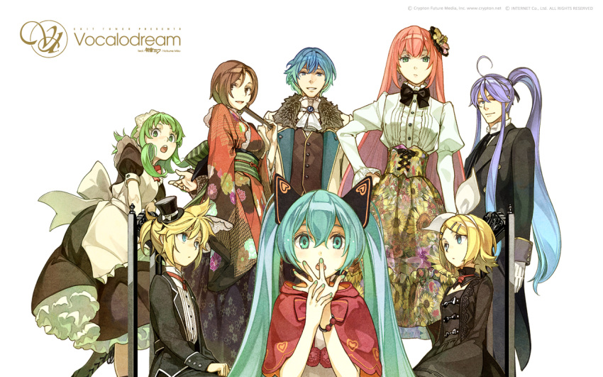 ahoge, aqua_hair, ascot, black_dress, blonde_hair, blue_hair, boots, bow