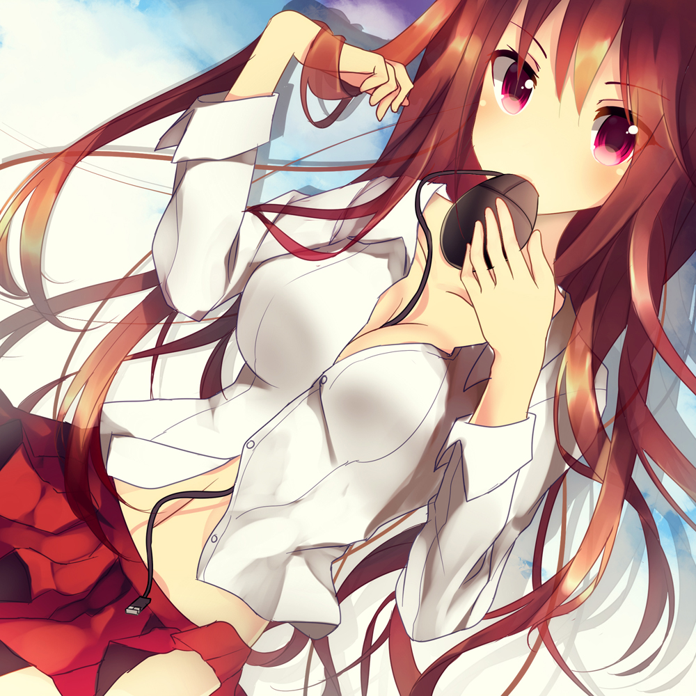 between_breasts, bisonbison, blush, breasts, brown_hair, cleavage, computer_mouse, long_hair, looking_at_viewer, mouth_hold, no_bra, original, red_eyes, red_skirt, skirt, solo
