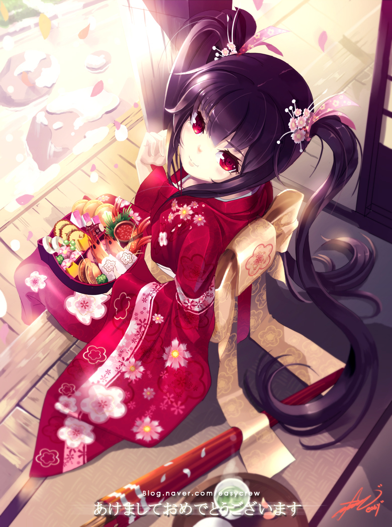 black_hair, bow, closed_umbrella, cup, door, easy_(easycrew), flower, food