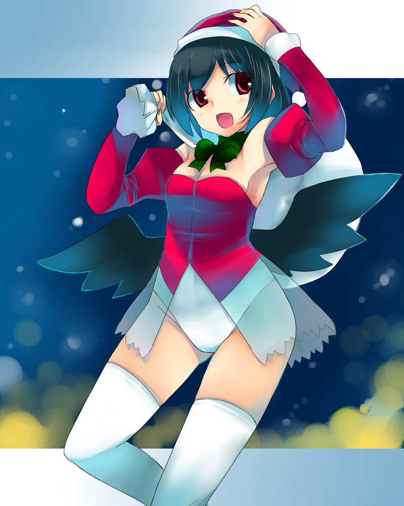 black_hair, black_wings, camera, detached_sleeves, hat, leotard, open_mouth, red_eyes