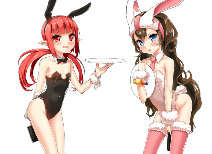 animal_ears, bare_legs, bare_shoulders, blue_eyes, blush, bowtie, brown_hair, bunny_ears, bunny_tail, bunnysuit, collarbone, cuffs, detached_collar, dungeon_and_fighter, flat_chest, hairband, long_hair, mage_(dungeon_and_fighter), mintai, multiple_girls, necktie, open_mouth, original, pointy_ears, red_eyes, red_hair, redhead, simple_background, tail, thigh-highs, thighhighs, tray, wrist_cuffs, yonggi