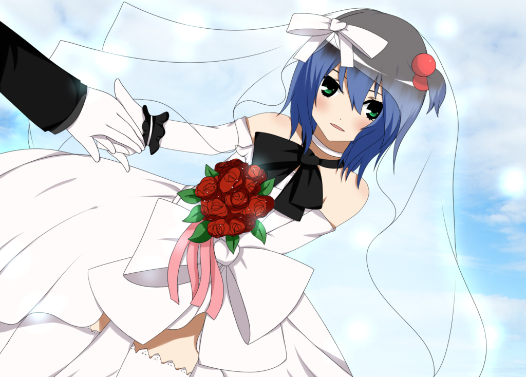 black_hair, blue_hair, bouquet, boy, bride, green_eyes, hair_ribbon, male