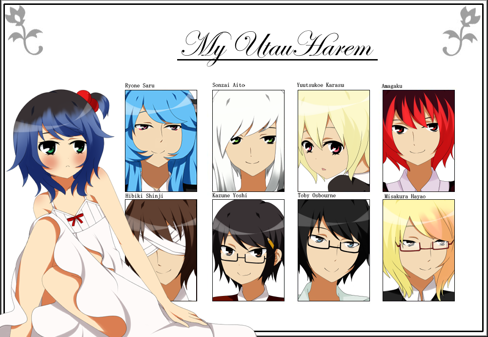 bandages, black_hair, blonde_hair, blue_eyes, blue_hair, brown_hair, glasses, gradient_hair, green_eyes, harem, hibiki_shinji, male, red_eyes, redhead, ryone_saru, ryone_yami, trap, two-tone_hair, utau, utauloid, white_dress, white_hair