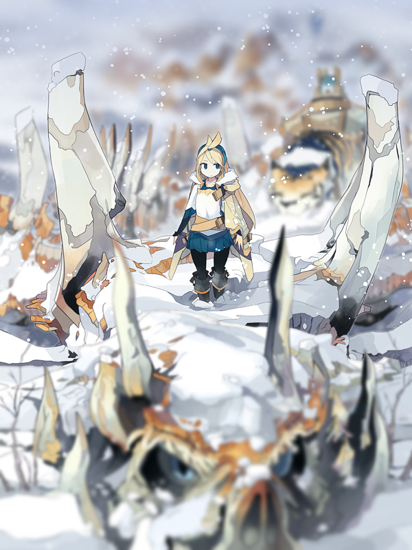akitsu_taira, belt, blonde_hair, blue_eyes, blurry, boots, cape, depth_of_field